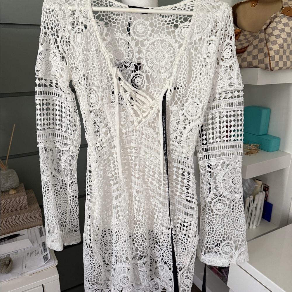 PrettyLittleThing White Lace Crochet Swim Coverup